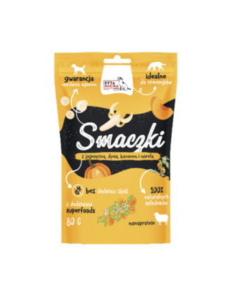 Smaczki dla psa z jagnięciną, dynią, bananem i morelą 80 g