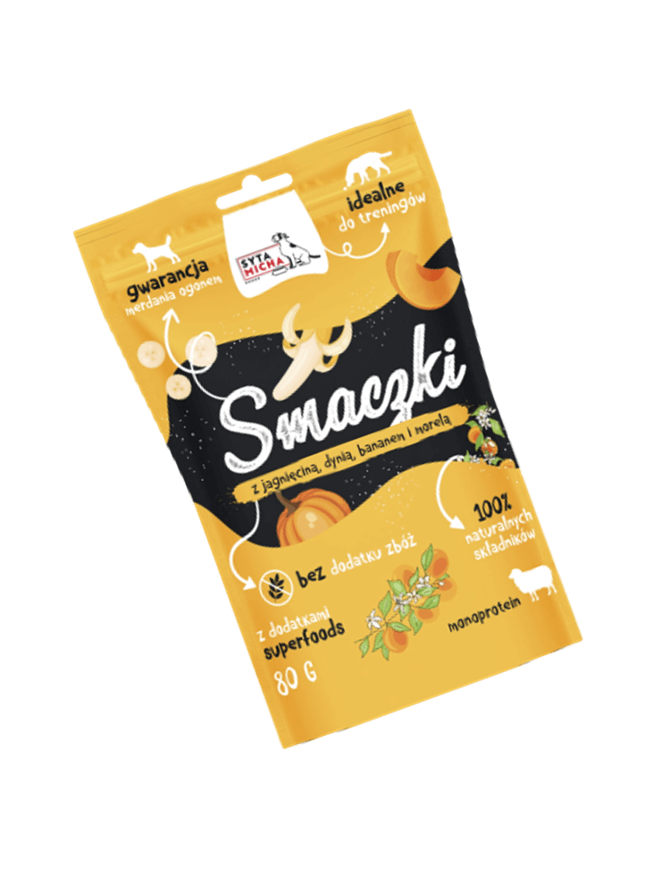 Smaczki dla psa z jagnięciną, dynią, bananem i morelą 80 g