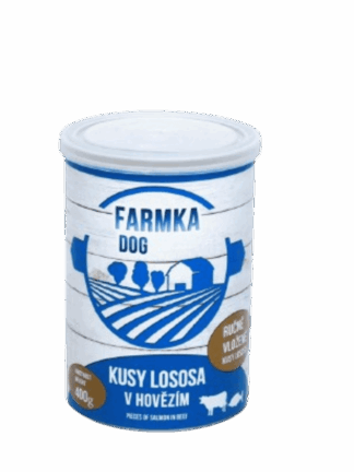 Farmka Dog Kawałki mięsa łososia w wołowinie 400g.