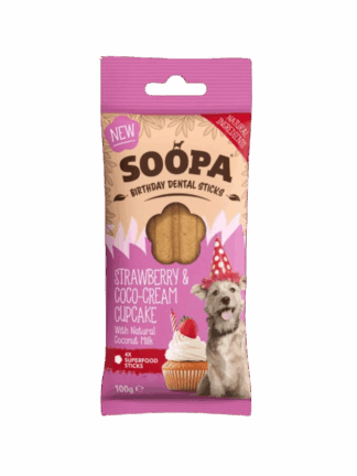 Soopa Strawberry & Coco-Cream Cupcake Dental Sticks 100 g- gryzaki urodzinowe dla psa