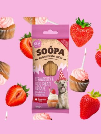 Soopa Strawberry & Coco-Cream Cupcake Dental Sticks 100 g- gryzaki urodzinowe dla psa