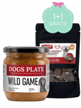Duet 1+1  Dogs Plate Wild Game z jeleniem 360 g + 4Dogs Ciasteczka na Skórę i Sierść 60 g w Prezencie