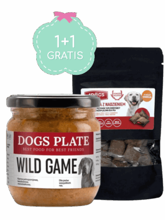 Duet 1+1  Dogs Plate Wild Game z jeleniem 360 g + 4Dogs Ciasteczka na Skórę i Sierść 60 g w Prezencie