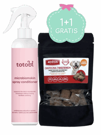 Duet 1+1  Totobi Microbiomskin Spray Conditioner – prebiotyczna odżywka w sprayu do skóry i sierści psa, bez spłukiwania, 300 + 4Dogs Ciasteczka na Skórę i Sierść 60 g w Prezencie