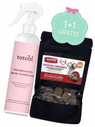Duet 1+1  Totobi Microbiomskin Spray Conditioner – prebiotyczna odżywka w sprayu do skóry i sierści psa, bez spłukiwania, 300 + 4Dogs Ciasteczka na Skórę i Sierść 60 g w Prezencie