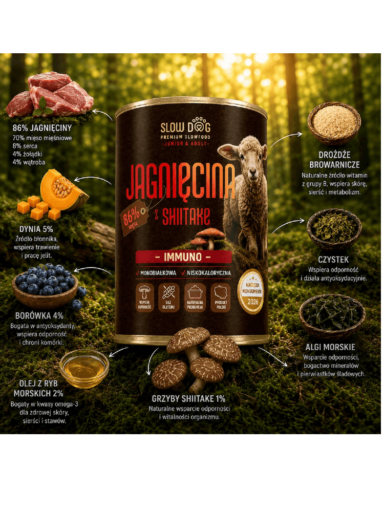 IMMUNO Jagnięcina z Shiitake - Monoproteinowa, bezzbożowa karma mokra dla psa 400 g